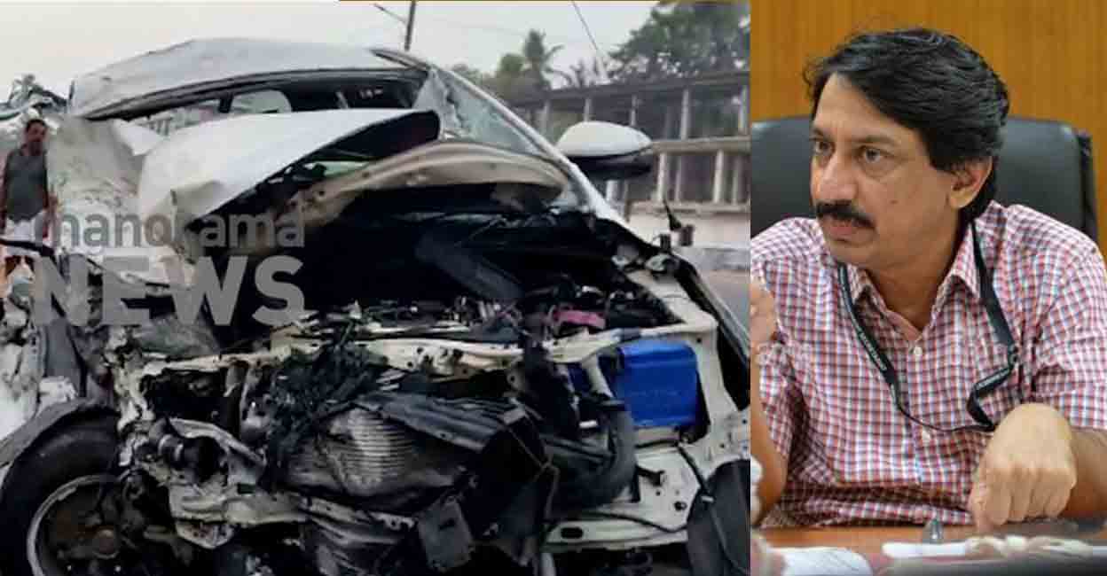 The official vehicle of Kerala Home Secretary V Venu crashed into a truck near Kayamkulam in Alappuzha district injuring seven passengers. Photo: Manorama