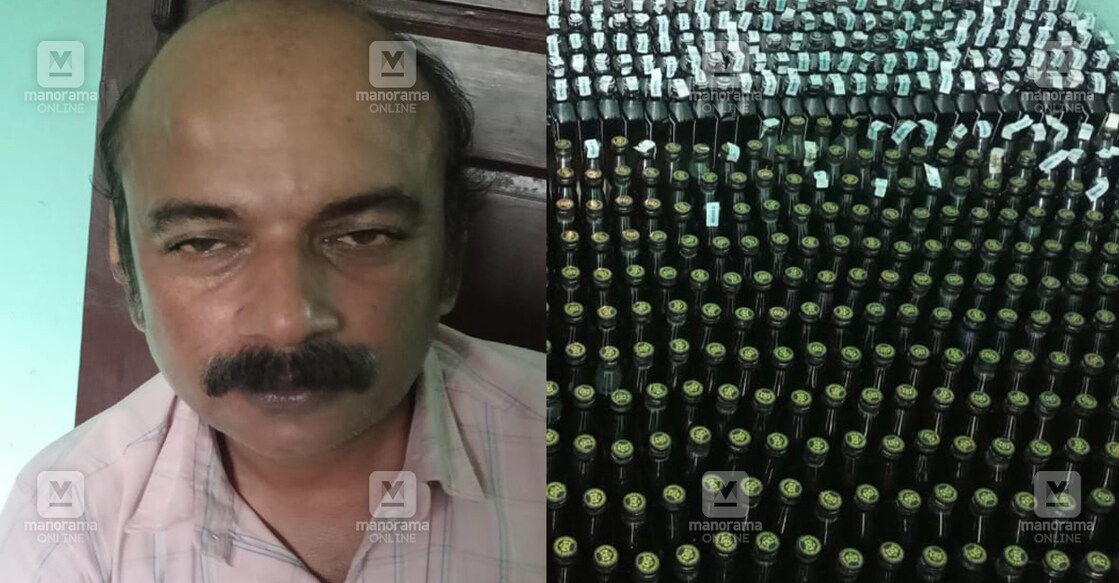 The accused Sudhindra Lal; the bottles of illicit liquor seized by the Excise squad. Photo: Manorama