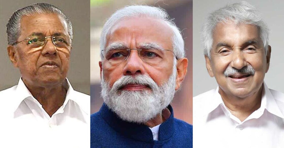 Pinarayi Vijayan; Narendra Modi; Oommen Chandy. Photo Collage: Canva