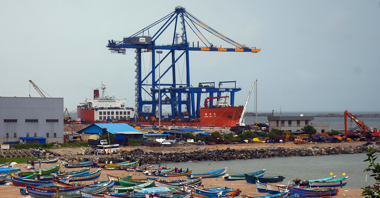 PTI10_12_2023_000221A Chinese ship Zhen Hua 15, first cargo vessel to dock at Vizhinjam Port, carries port equipment at the Vizhinjam International Sea Port. Photo: PTI