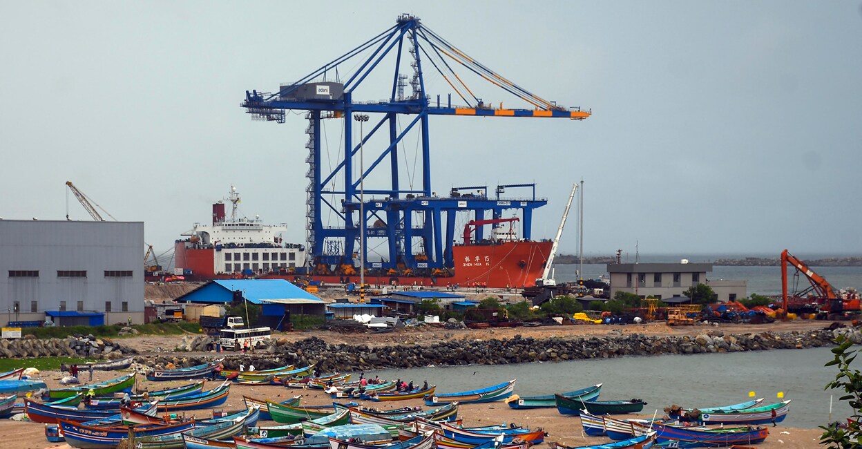 Chinese ship Zhen Hua 15, first cargo vessel to dock at Vizhinjam Port, carries port equipment at the Vizhinjam International Sea Port. Photo: PTI