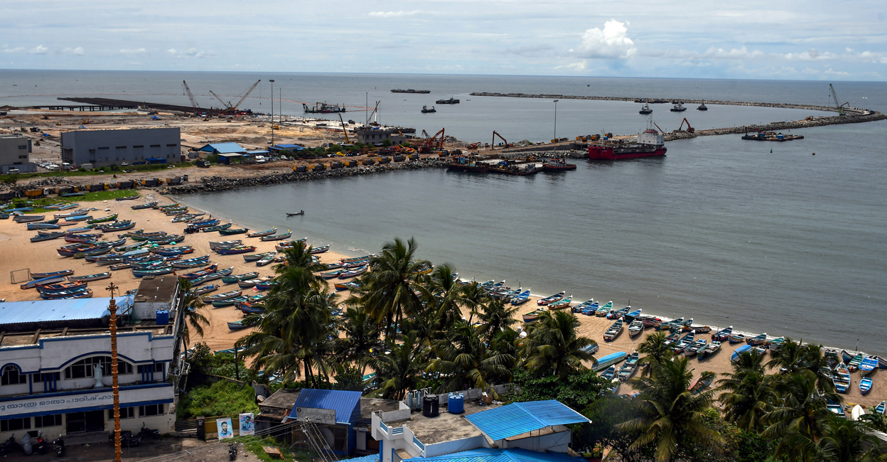 PTI10_11_2023_000177B An aerial view of the Vizhinjam International Seaport ahead of its inauguration, in Thiruvananthapuram. Photo: PTI