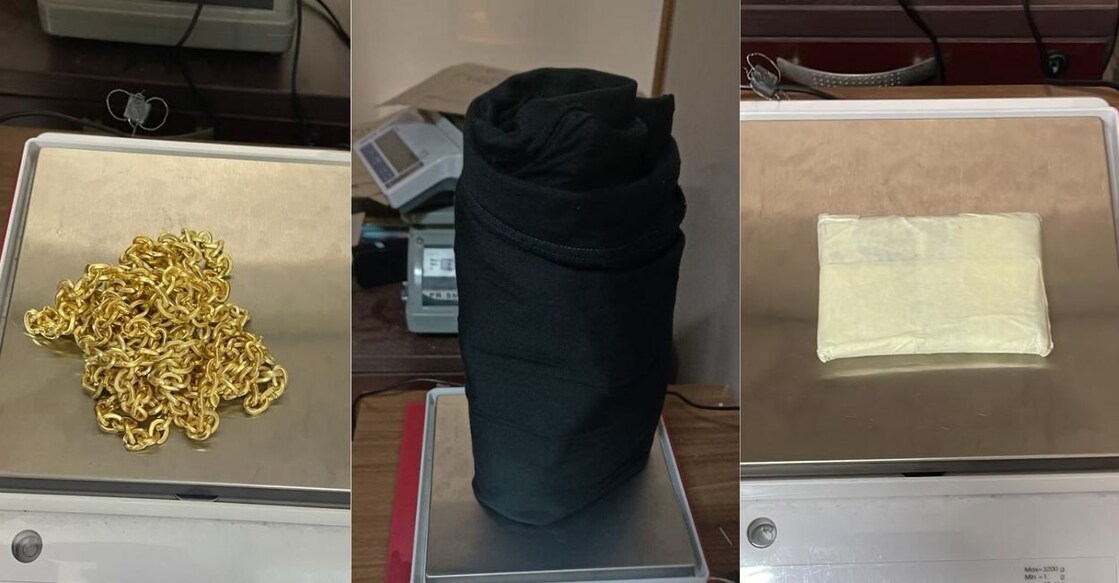An unclaimed gold chain (left) and packet (right) were found on separate flights. Gold compound was also found between the layers of a jeans (centre) seized from a passenger. Photos: Special arrangement