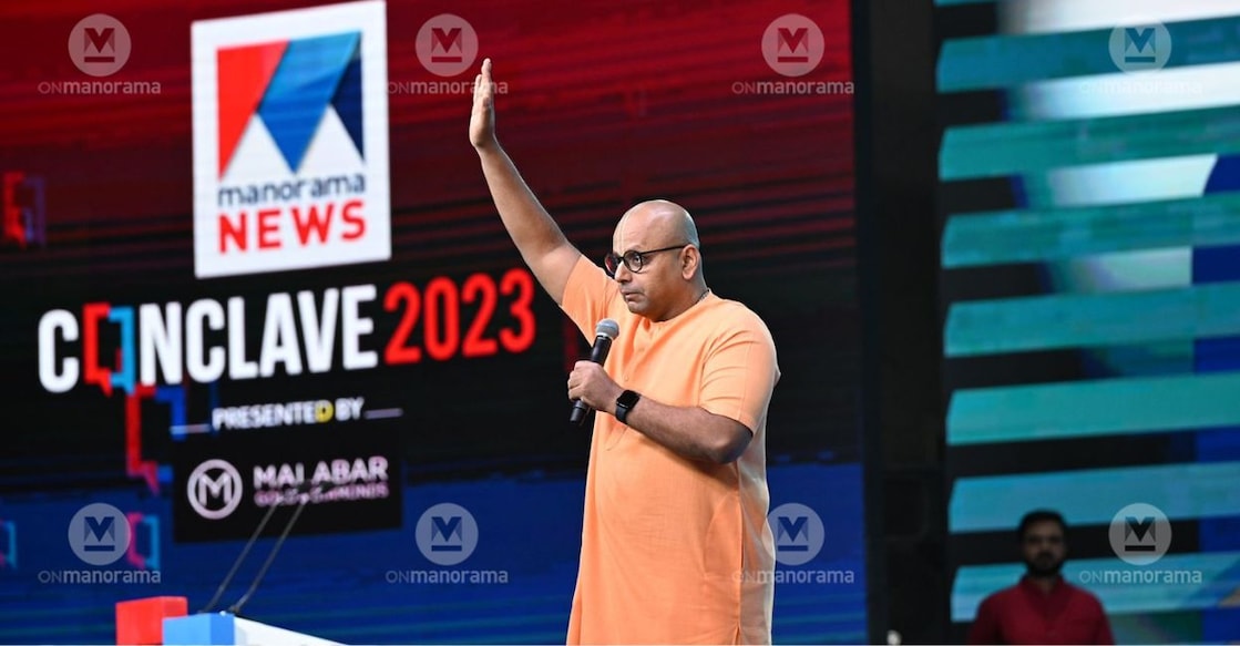 gaur-gopal-manorama-conclave Gaur Gopal Das was speaking on the topic 'Happiness in AI Era' at the Manorama News Conclave 2023 at Kohi on Thursday. Photo: Robert Vinod/Manorama