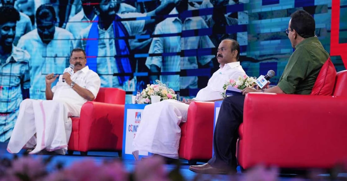 CPM state secretary MV Govindan and Leader of Opposition VD Satheesan during the debate at Manorama News Conclave 2023. Photo: EV Sreekumar/Manorama