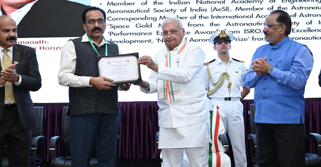 kerala-governor-isro-chairman-main Kerala Governor Arif Mohammed Khan inducts ISRO Chairman S Somanath as the honorary fellow of the Kerala Academy of Sciences in Thiruvananthapuram on Wednesday. Photo: Special Arrangement