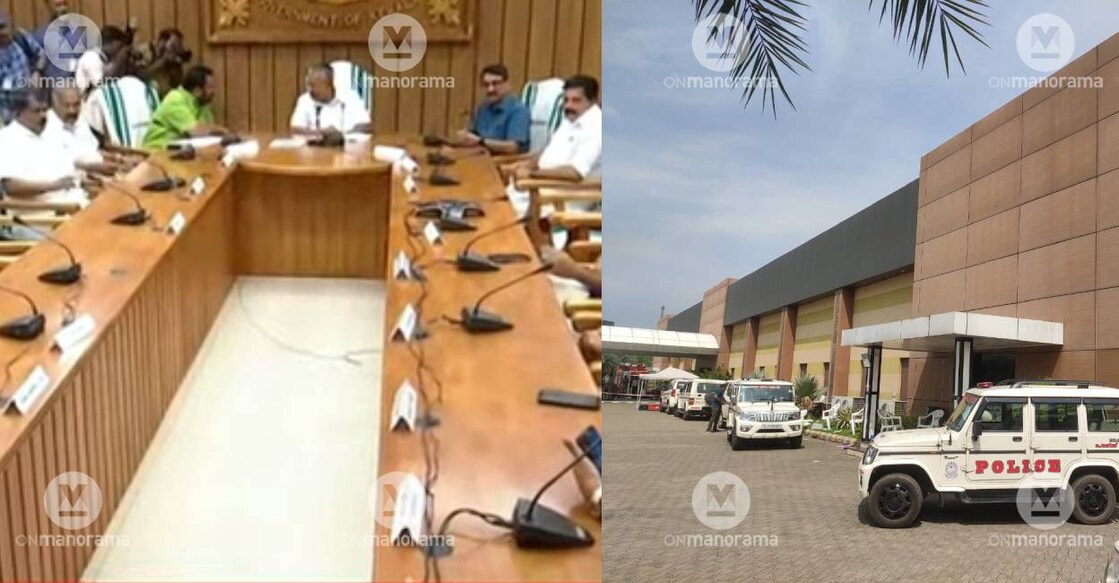 CM addresses all party meeting (left),  Police camp at  Zamra Convention Centre in Kalamassery (right) . Photo: Manorama