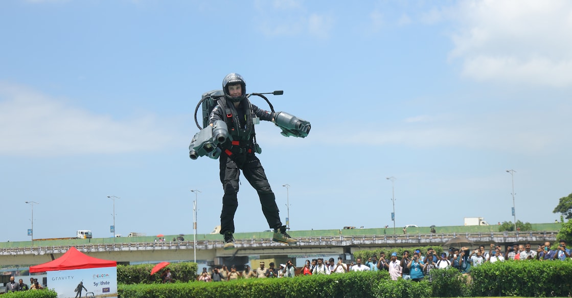 Gravity jet suit pilot Paul Robert Jones did the demonstration flight as part of the 16th edition of c0c0n, an international cyber conference, organised by the Kerala police. Photo: Special arrangement
