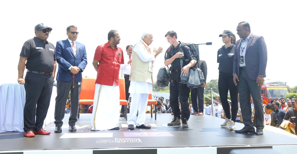 flying-man-kochi-2 Gravity jet suit pilot Paul Robert Jones greets Governor Arif Mohammed Khan. Photo: Special arrangement