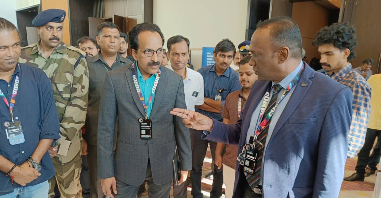 ISRO chief Somanath ISRO chairman S Somanath interacts with Intelligence ADGP Manoj Abraham at c0c0n 2023 venue. Photo: Special arrangement
