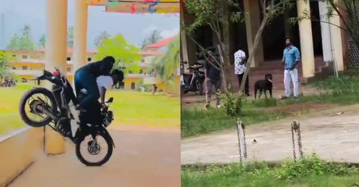 msm-college-bike-stunt The charges against Muhammad Sayed and Hubaid Hussain include doing bike stunts and parading a ferocious dog on the campus putting others’ lives at risk. Photos: Screengrab/Special arrangement