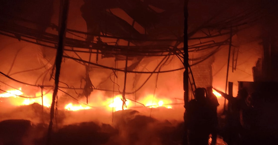 A screengrab of the fire at the Coco Latex factory at Moonilavu near Erattupetta in Kottayam Sunday night. 