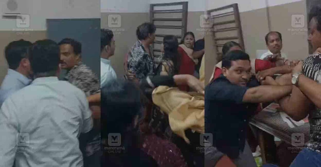 kozhikode-schoool-staff-council Clash during the staff council meet at Eravannoor AUP school. Photo: Screengrab