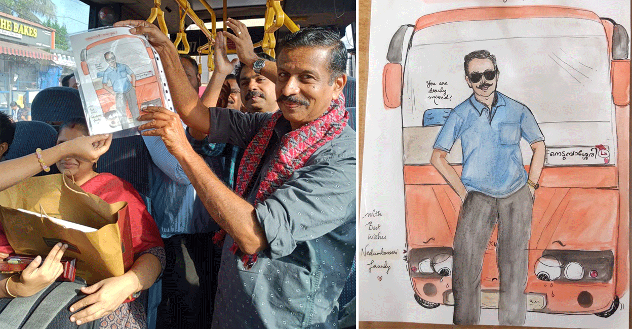 CR Manoj poses with a caricature (right) gifted to him by the passengers of Alappuzha-Nedumbassery low-floor AC bus. Photo: Special arrangement