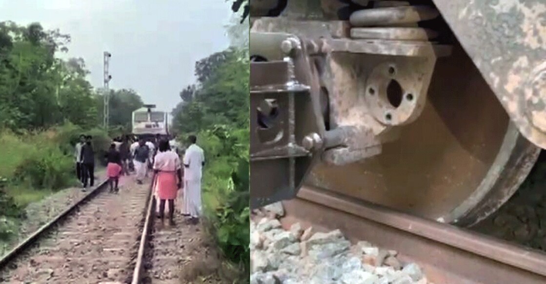 rajyarani-express-nilambur-derail Wheels of the engine of Nilambur-Palakkad Passenger derailed at Vallappuzha in Palakkad on Wednesday. Photos: Screengrab/Manorama News