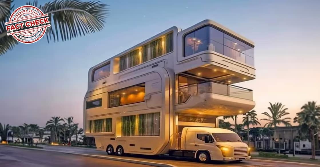 The image extravagant luxury bus is viral on social media claiming that luxury vehicle has been purchased. Photo: Manorama Online