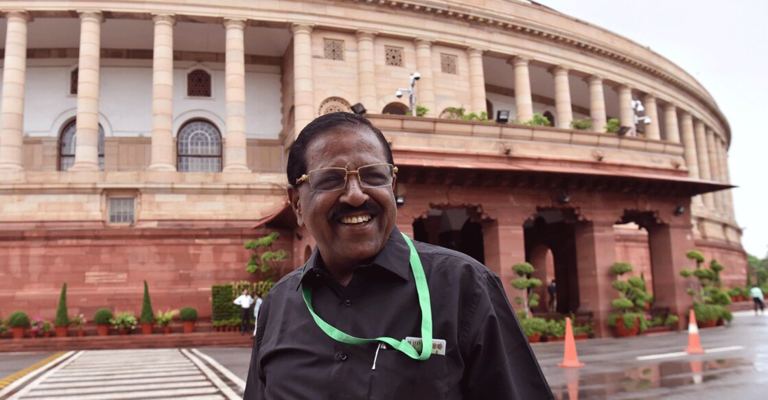 Rajmohan Unnithan MP in front of the old Parliament building. File photo: Manorama