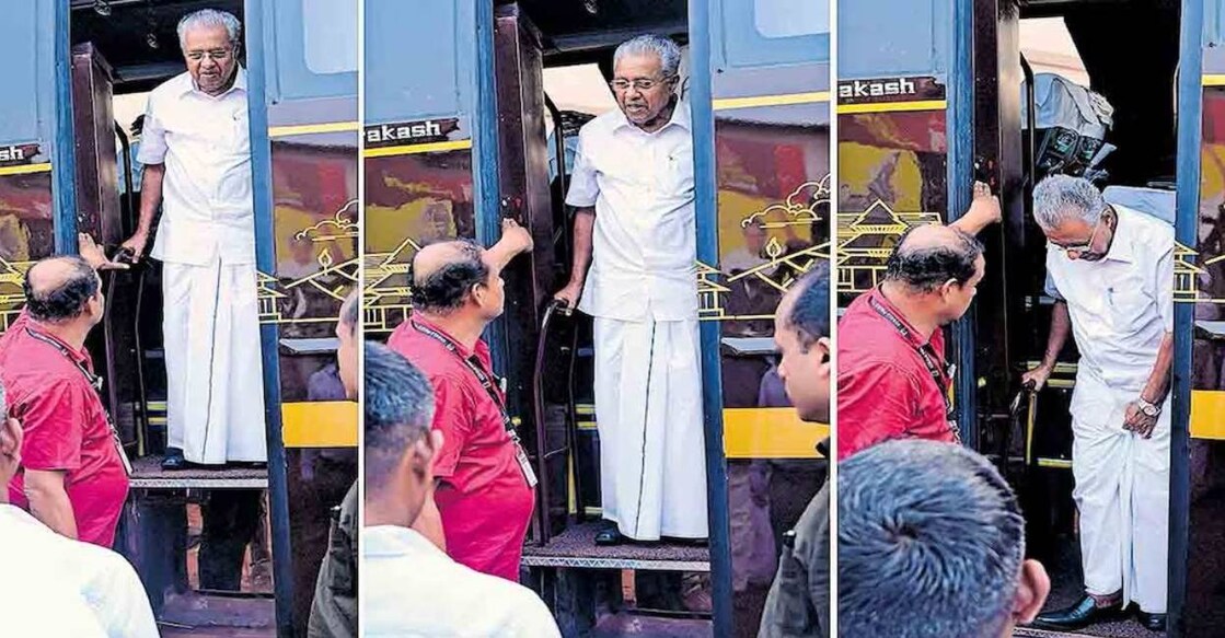 Chief Minister Pinarayi Vijayan uses hydraulic lift on the bus. Photo: Manorama