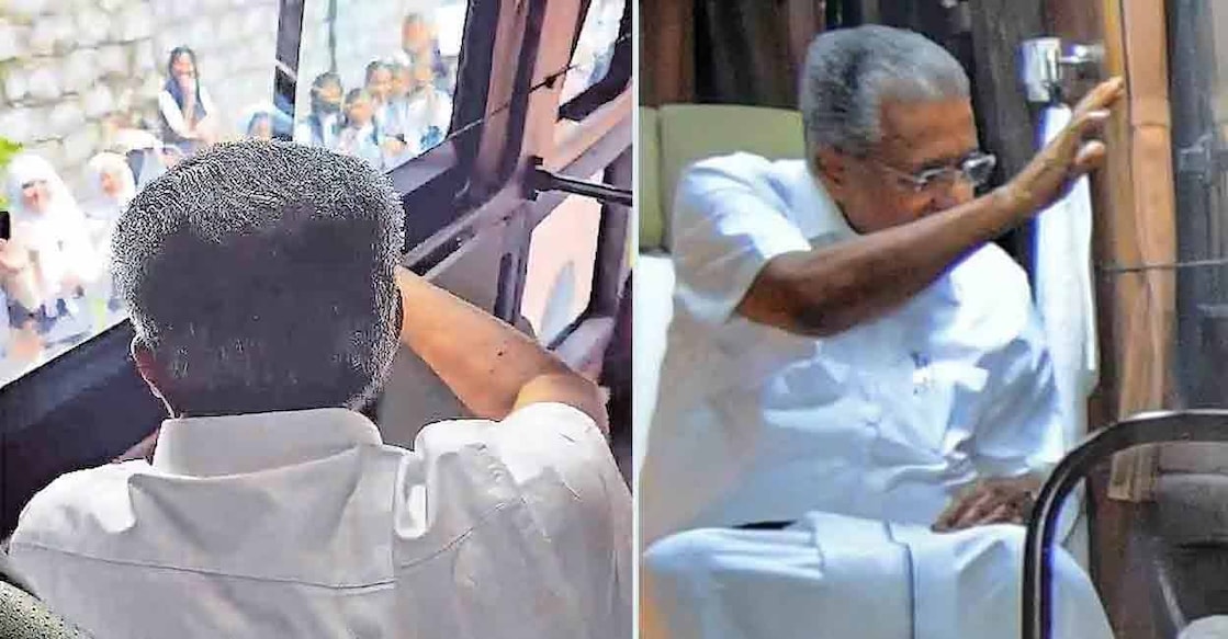 Chief Minister Pinarayi Vijyan waves back at children from Nava Kerala Sadas tour. Photo: Screengrab/Video shared in CM's WhatsApp channel