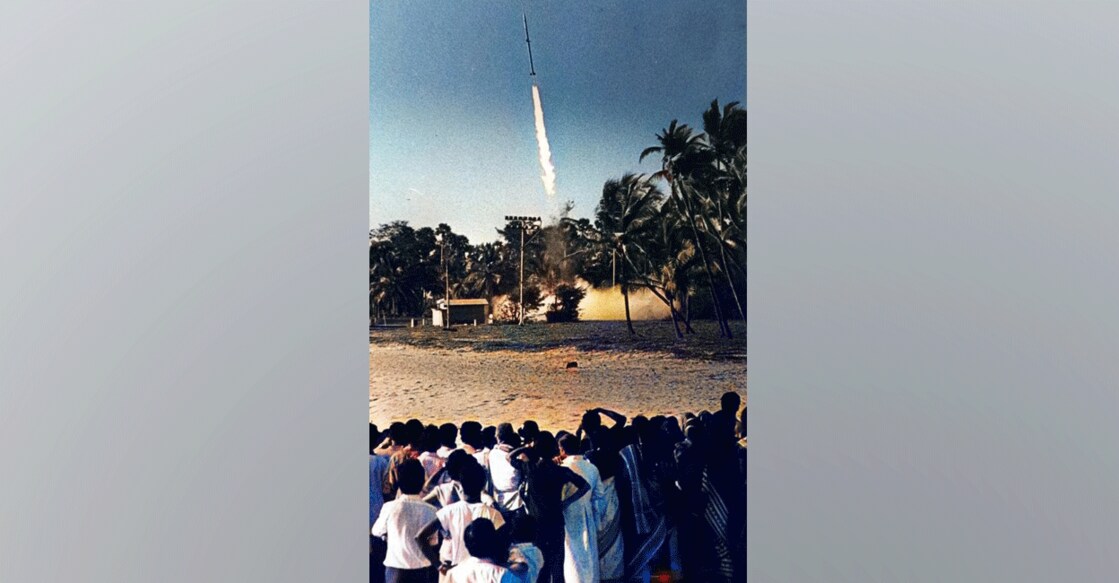 People watch the take-off of an experimental rocket at Thumba in Thiruvananthapuram on November 21, 1963. File photo: AP