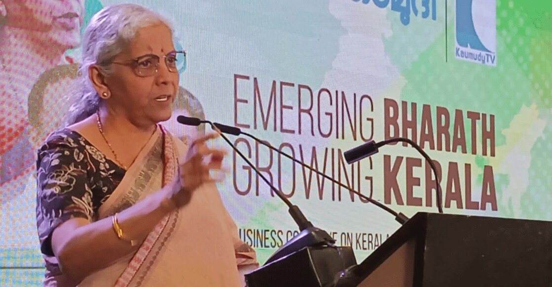 Union Finance Minister Nirmala Sitharaman addresses a function in Thiruvananthapuram on Saturday. Photo: PIB