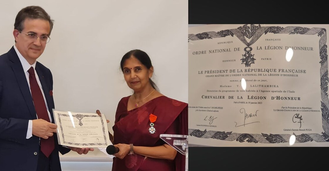 Ambassador of France to India, Thierry Mathou, on Tuesday conferred the Chevalier De La Légion d’Honneur on Dr V R Lalithambika. Photo: Special Arrangement