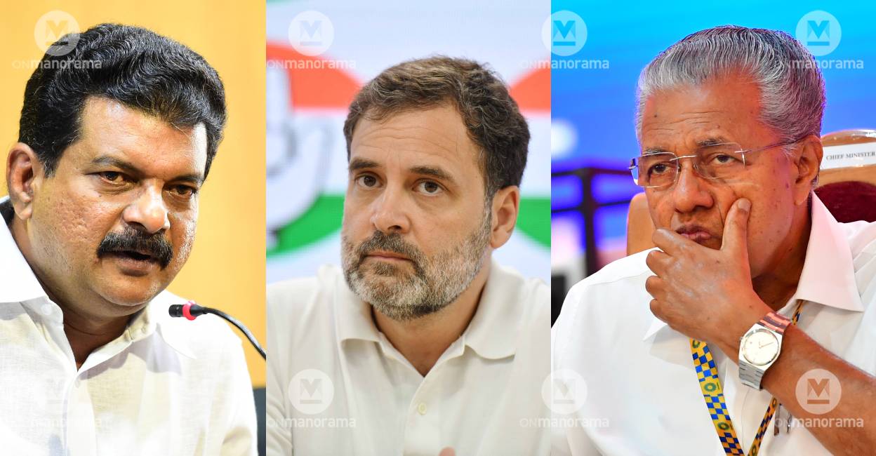 PV Anwar, Rahul Gandhi, Pinarayi Vijayan. Photo: Manorama