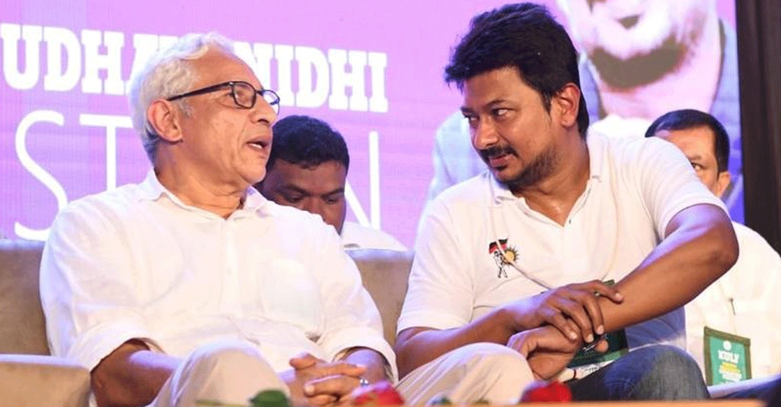 Udhayanidhi Stalin (right) with Prof. Gopinath Ravindran, vice-chancellor of Kannur University. Photo: X/@Udhaystalin