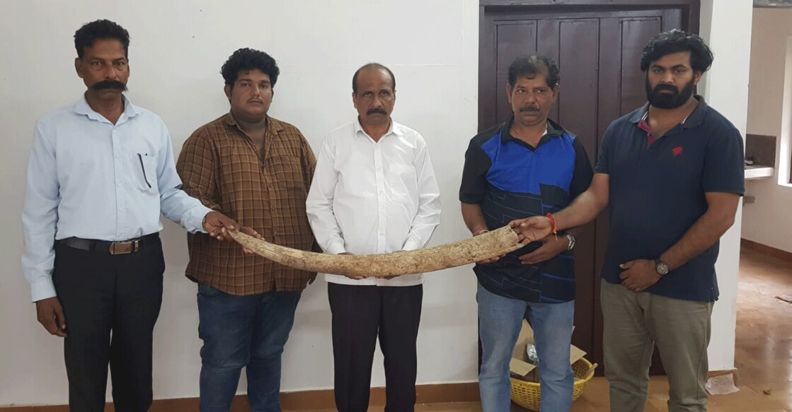 Five of the six accused hold the 5.5kg elephant tusk. Photo: Special arrangement