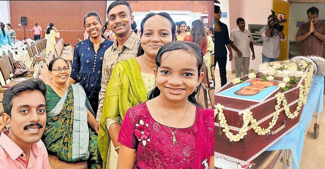 Libna and her family pose for a photo during the convention in Kalamassery (left),  Ernakulam Govt. Medical College Superintendent Dr Ganesh Mohan pays tribute to Libna on Saturday (right). Photo:  Special arrangement