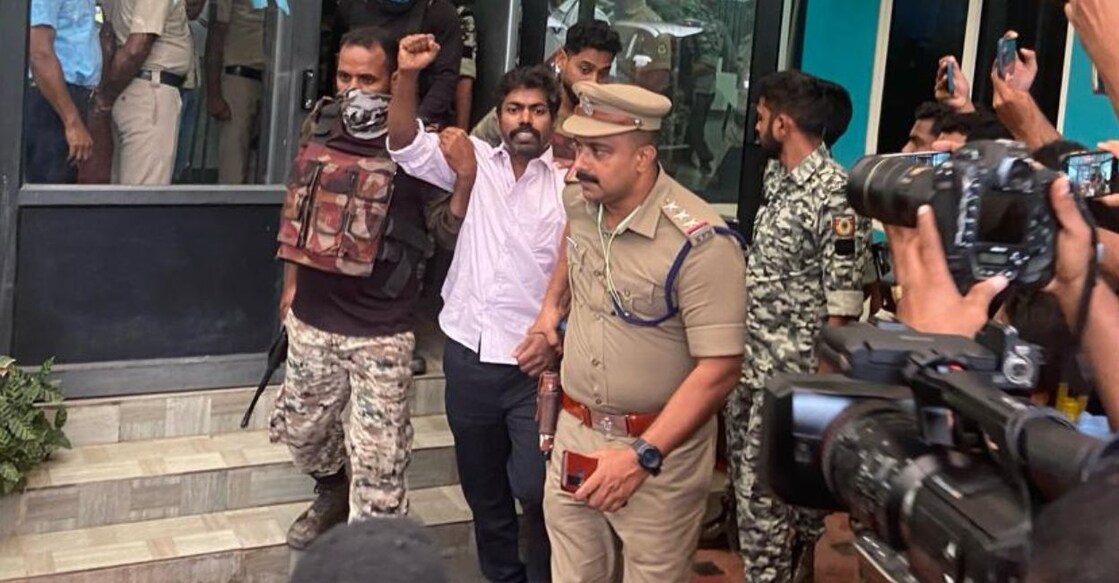 Maoist cadre Chandru being taken for interrogation from the Wayanad police headquarters on Wednesday. Photo: Special Arrangement