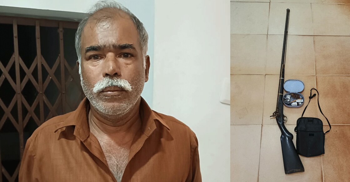 Karakkunnel George (left) and the country-made weapon that was seized from his house at Mulakuvalli in Idukki on Wednesday. Photos: Special arrangement