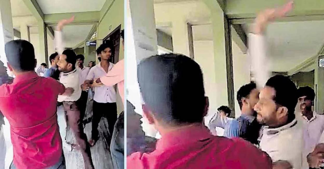 College principal got into an altercation with the KSU activists, who turned up at the college to call for  a strike as part of the statewide education bandh. Photo: Screen Grab/Manorama Online