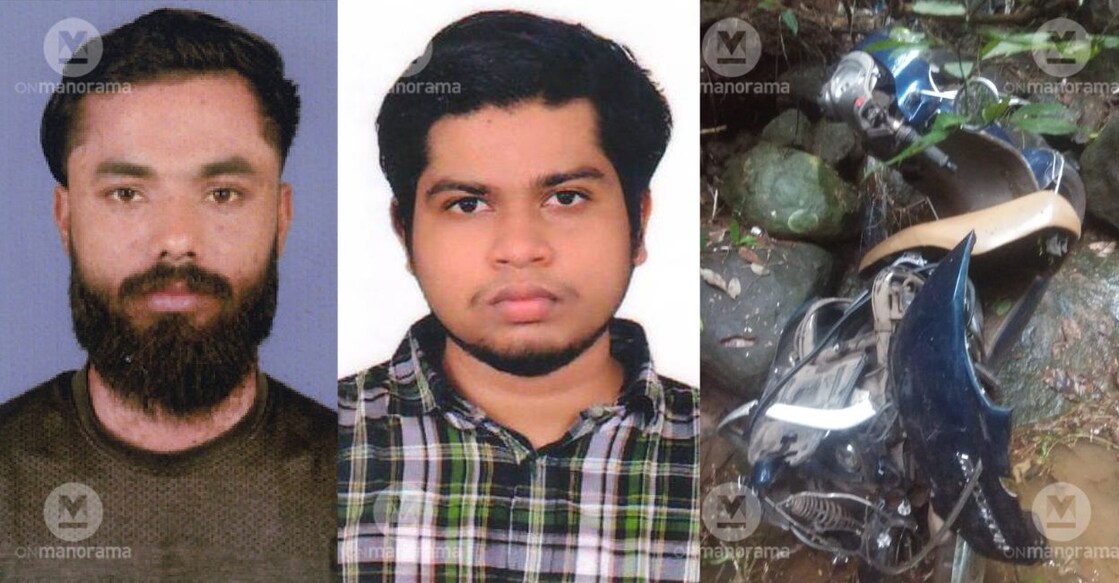 Mohammed Aslam; Muhammed Arshad; the scooter which fell into the gorge. Photo: Onmanorama