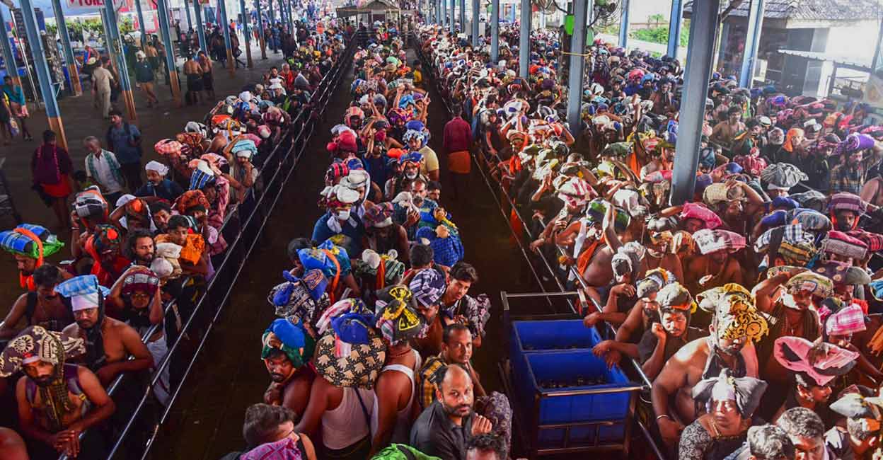 Ayyappa devotees at Sabarimala temple, in Pathanamthitta, Monday, Dec. 11, 2023. Photo: PTI