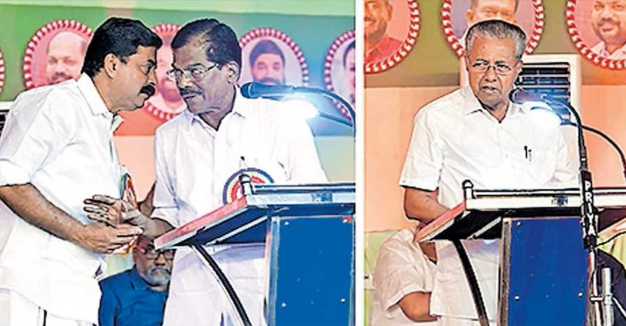chazhikadan-chief-minister-speech-jpg-1119-583- Minister Roshy Augustine speaks to Thomas Chazhikadan MP during his inaugural address at the Nava Kerala Sadas programme held in Pala; Chief Minister Pinarayi Vijayan criticises Chazhikadan during the former's address. Photo: Manorama