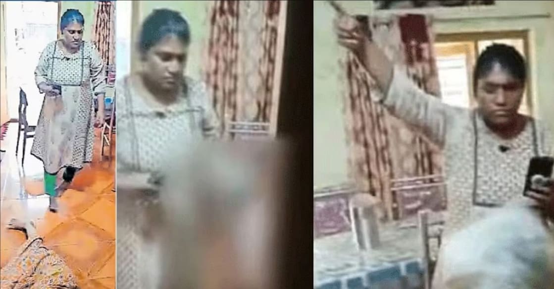 A screengrab of the viral video which showed Manjumol assaulting her 80-year-old mother-in-law. 