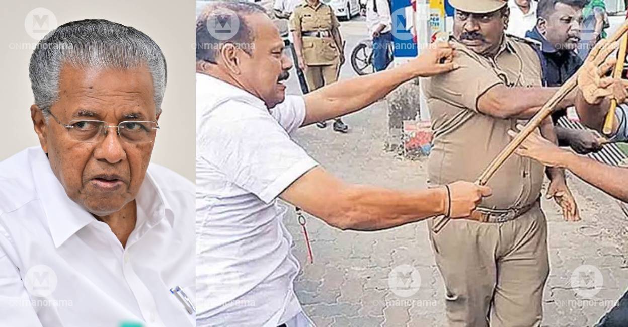 Chief Minister Pinarayi Vijayan (left), his gunman beats up a Youth Congress worker in Alappuzha (right). Photo: Manorama