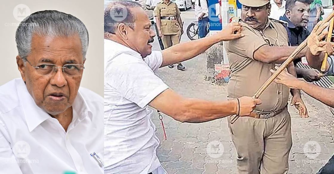 cm-gunman-attack Chief Minister Pinarayi Vijayan (left), his gunman beats up a Youth Congress worker in Alappuzha (right). Photo: Manorama