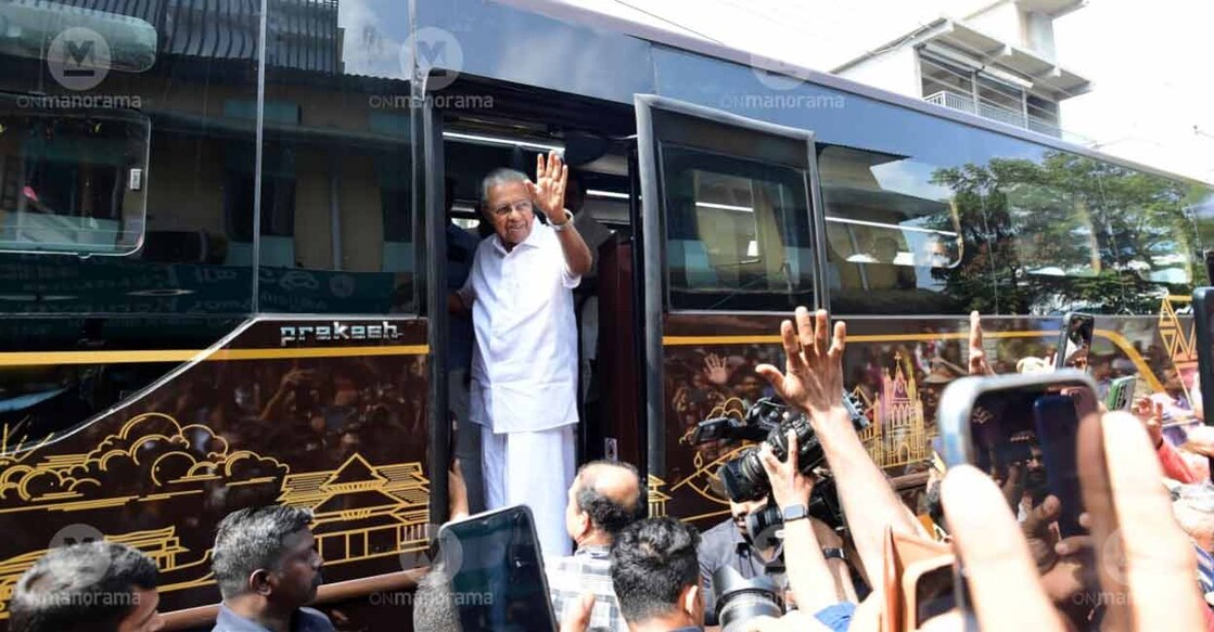 Chief Minister Pinarayi Vijayan waves at supporters from the Nava Kerala Sadas bus. File photo: Manorama