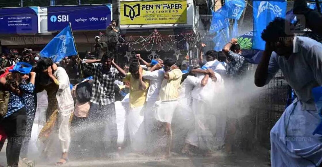 ksu-protest Police use water canon against KSU workers. Photo: Manorama