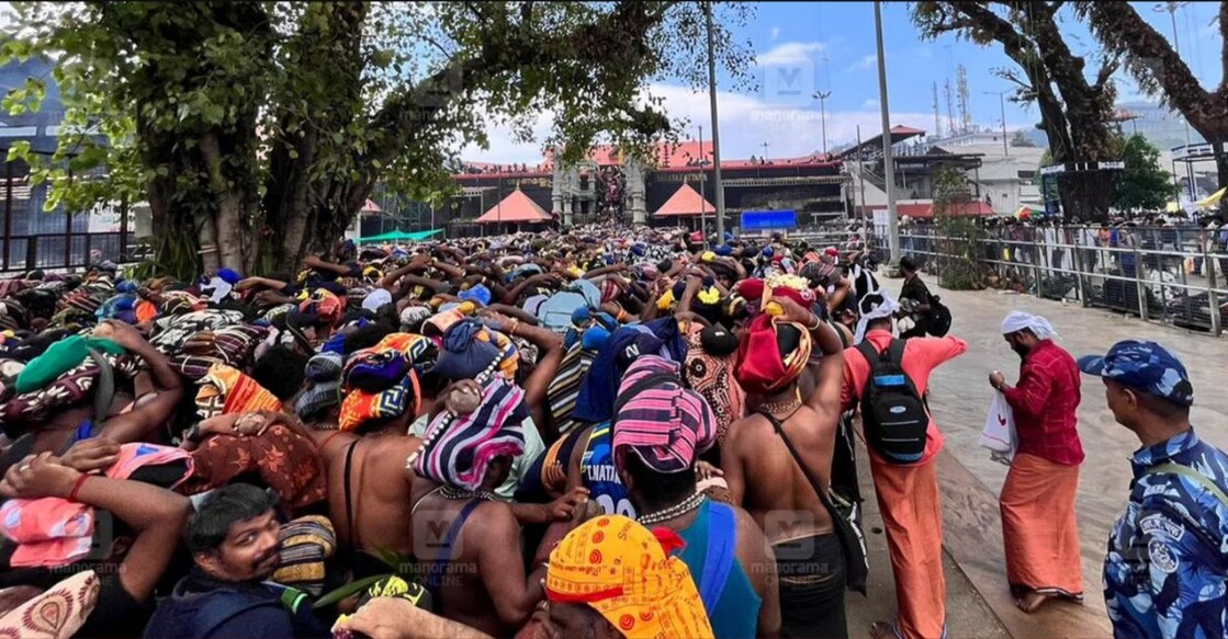 Pilgrims stand in queues to get darshan of Lord Ayyappa at Sabarimala. File Photo: N Rajesh Babu
