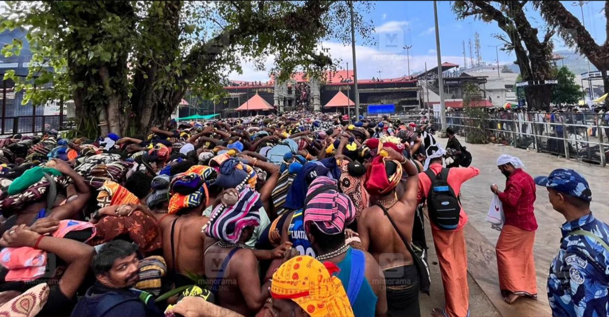 Pilgrims stand in queues to get darshan of Lord Ayyappa at Sabarimala. File Photo: N Rajesh Babu