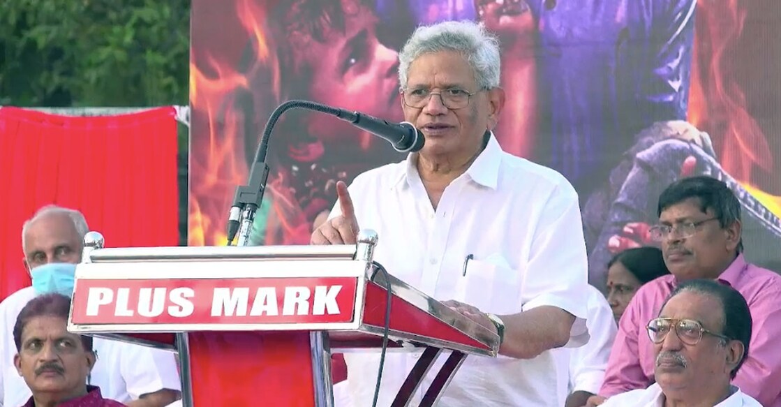 CPM General Secretary Sitaram Yechury addresses a Palestine Solidarity Meet at Chengala in Kasaragod on Thursday. Photo: Screengrab/Facebook/@CPIMKerala