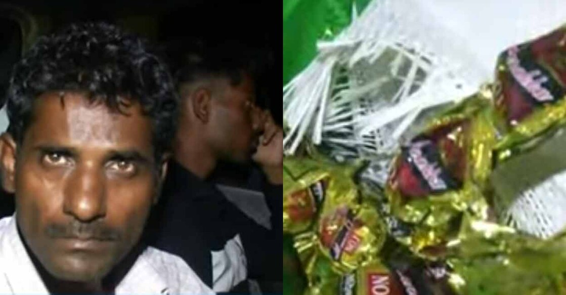 Belgaum natives Shattappa and Abhishek (left) and the ganja candies packets. Photos: Screenshots from Manorama News