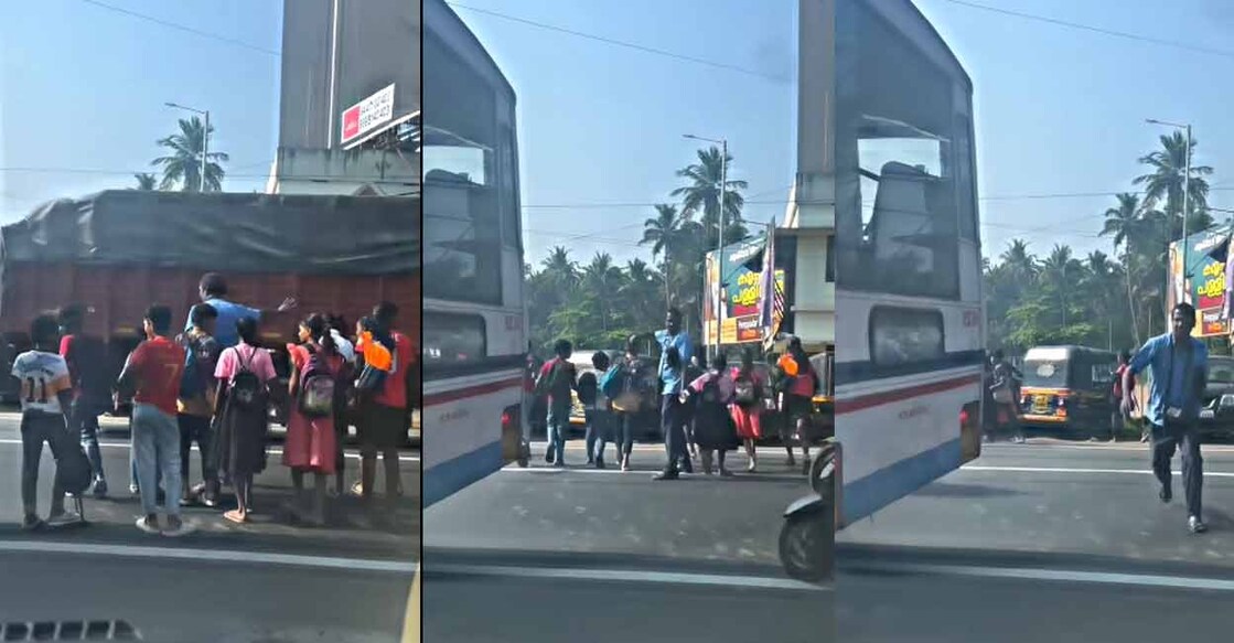 The collage captured from the viral video shows KSRTC conductor JS Biju stepping out of the bus to help students cross a busy road.