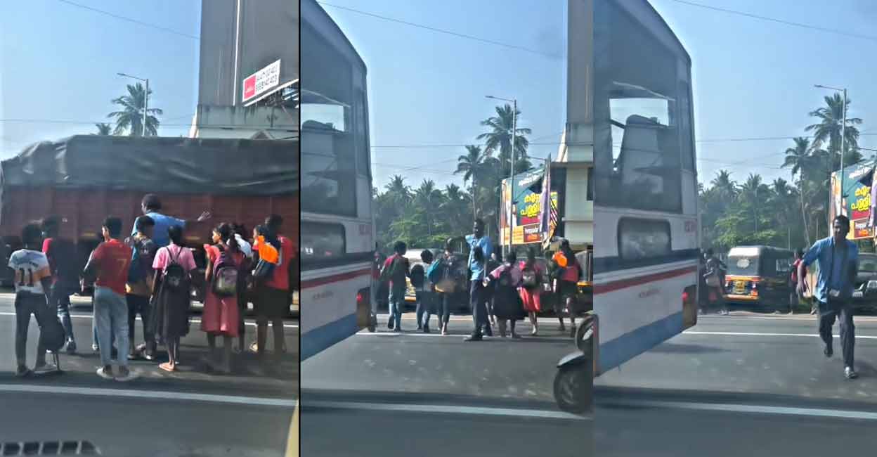The collage captured from the viral video shows KSRTC conductor JS Biju stepping out of the bus to help students cross a busy road.