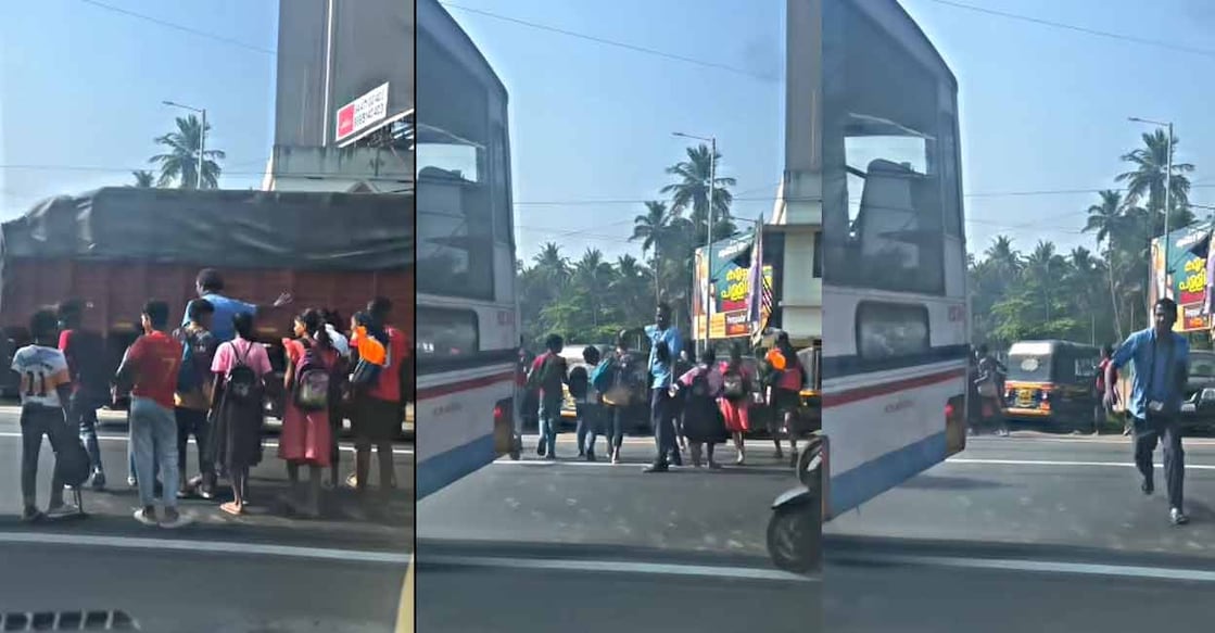 ksrtc-bus-conductor-neyyattinkara The collage captured from the viral video shows KSRTC conductor JS Biju stepping out of the bus to help students cross a busy road.