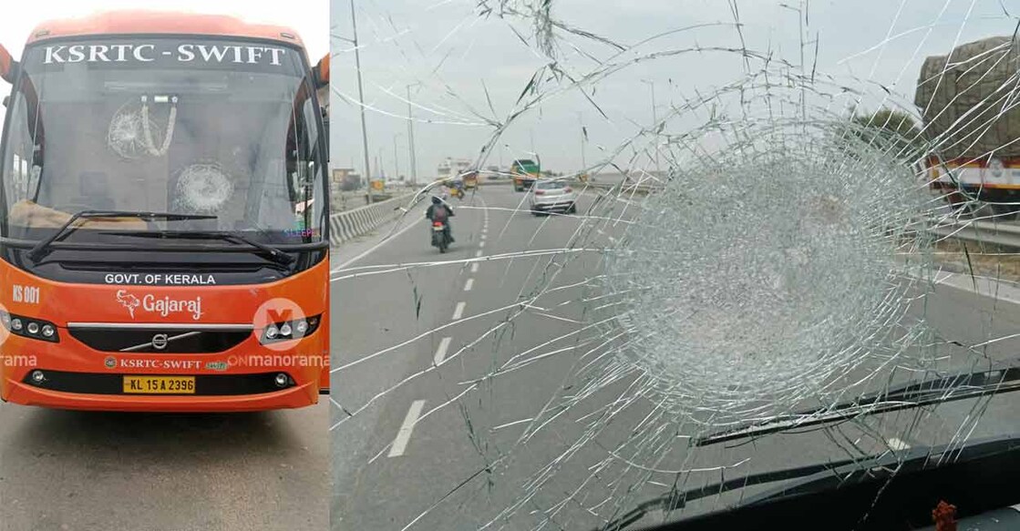 The front glass of the KSRTC-Swift 'Gajaraj' bus was shattered in stone pelting. Photo: Special arrangement 