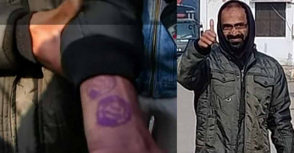 Siddique Kappan (right) shows the 'chappa' on his hand upon release from prison. Photos: Screenshots